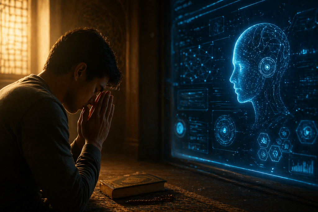 person praying beside AI interface