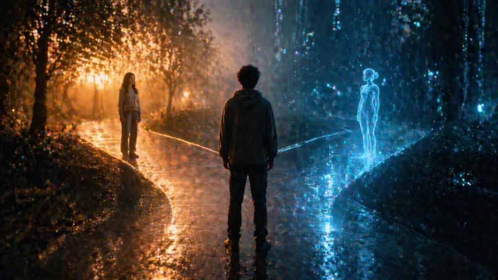 person choosing human or AI relationship