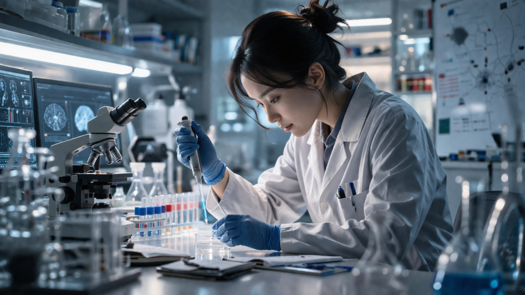 person wearing lab coat focusing