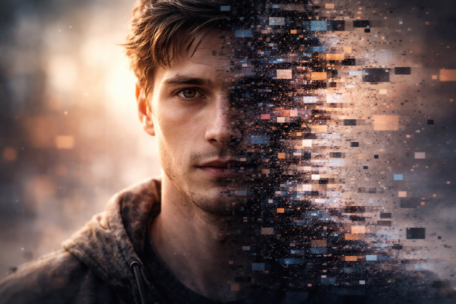 face dissolving into digital memory glitch