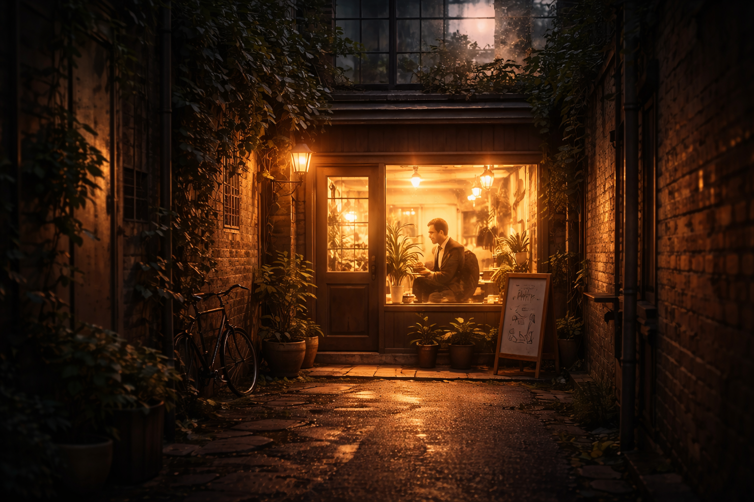 small hair salon warm alley light