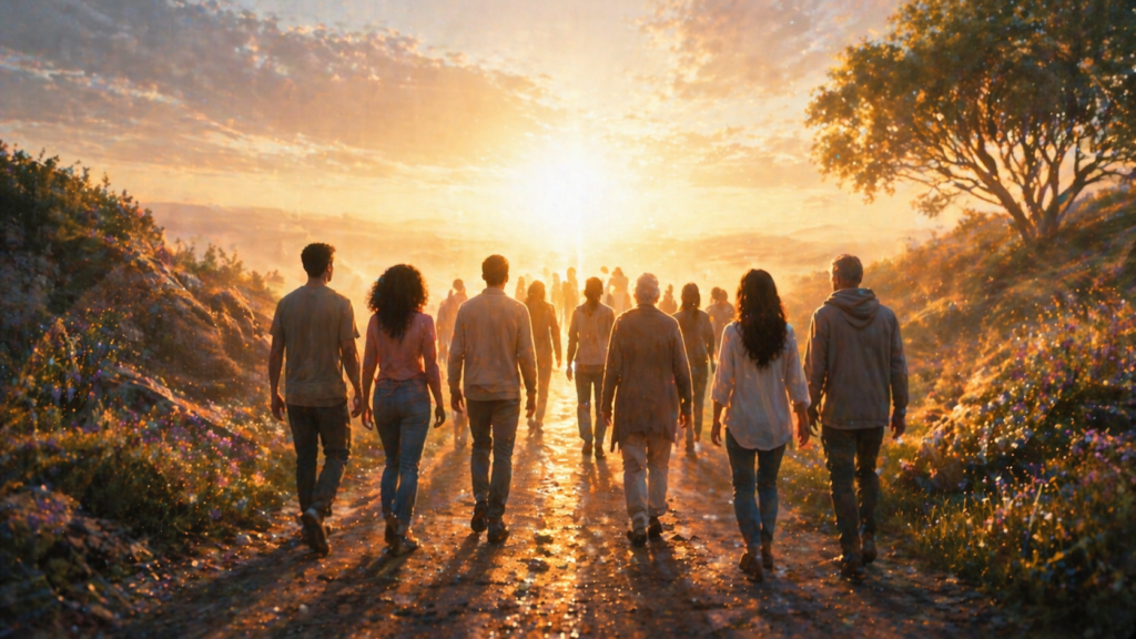 people walking toward healing light