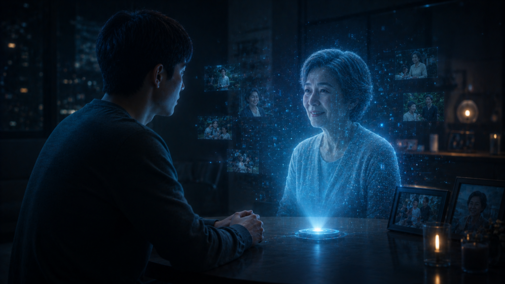 person interacting with AI version of deceased loved one