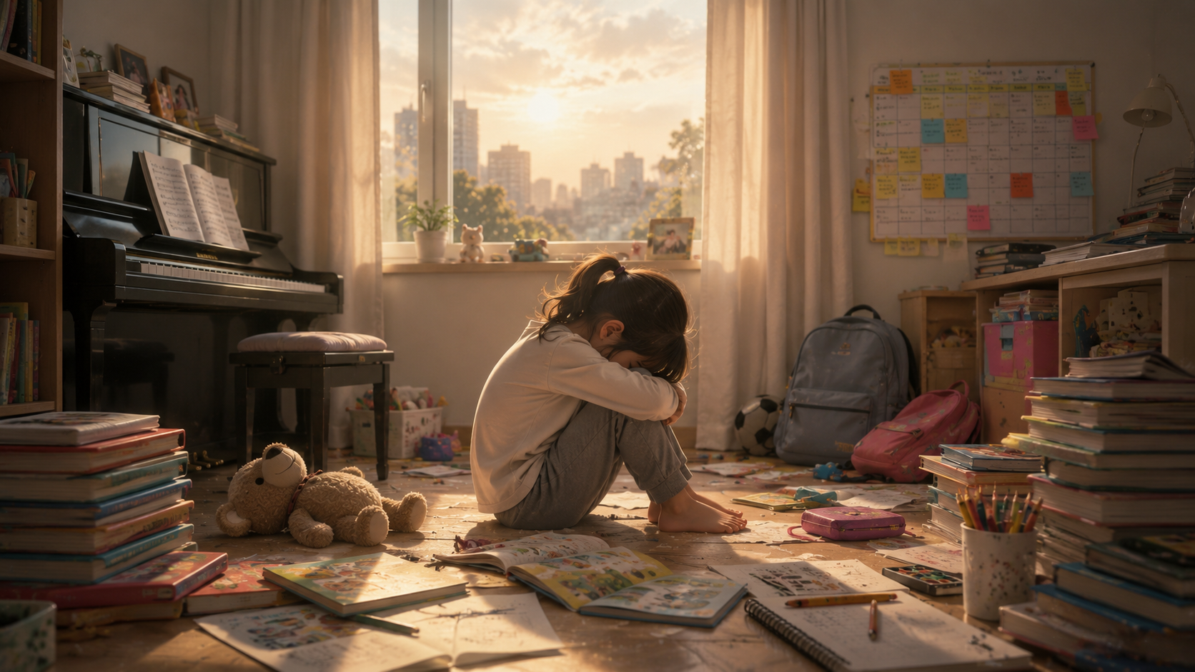 emotionally exhausted child surrounded by busy schedules