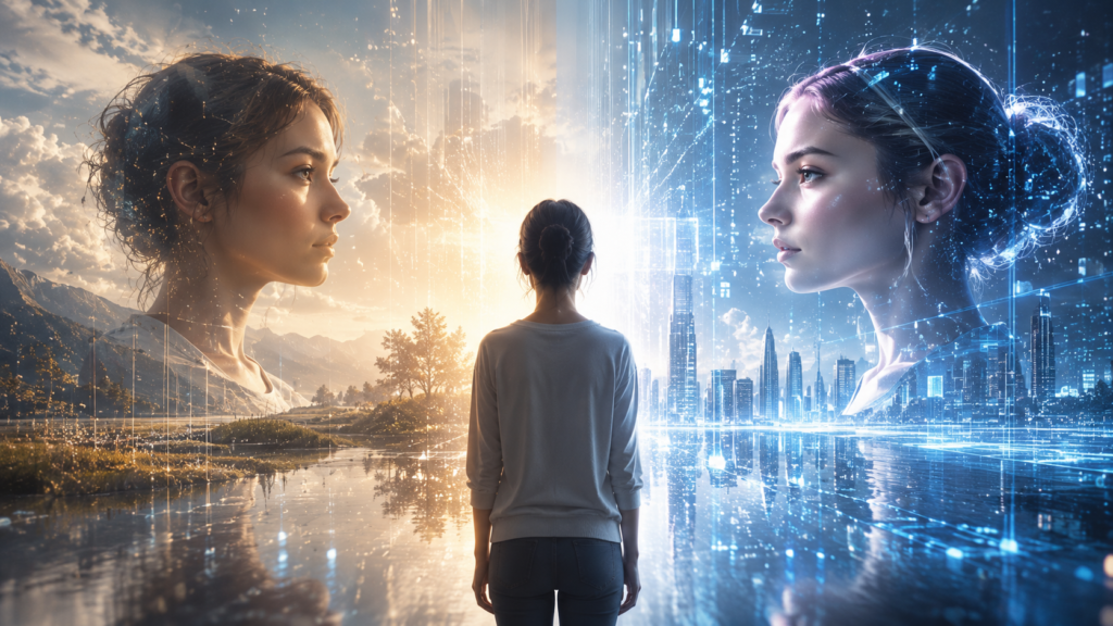 person between natural self and digital avatar