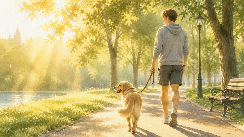 person walking dog health exercise routine