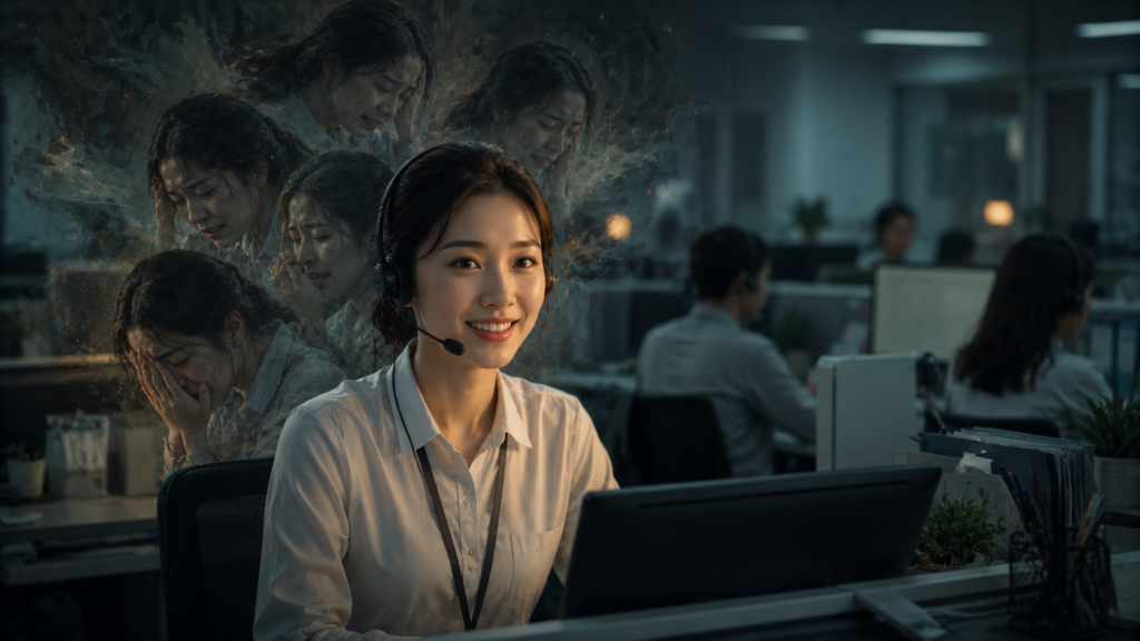 worker hiding emotions behind polite smile