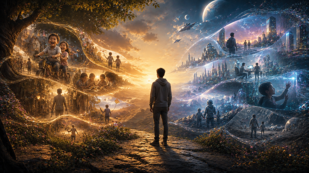 person reflecting on happiness across time