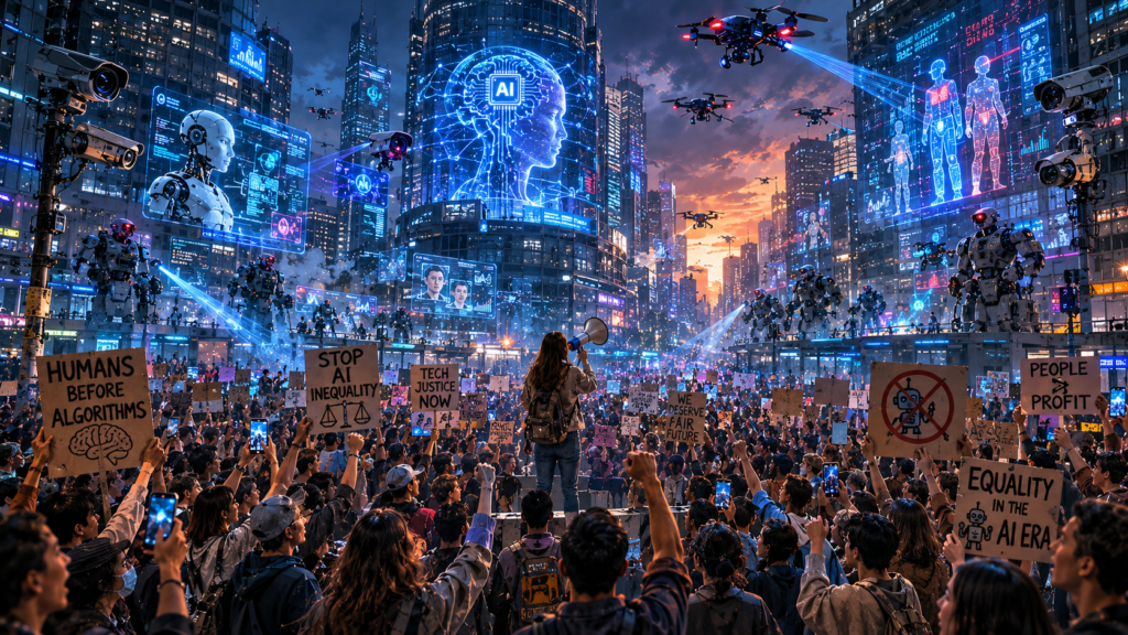 people protesting against inequality in AI society