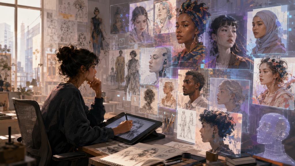 human artist and AI creating artwork while exploring gender bias and creativity