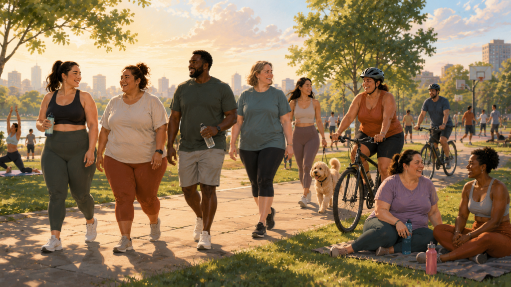 people of diverse body types participating in everyday life and recreation