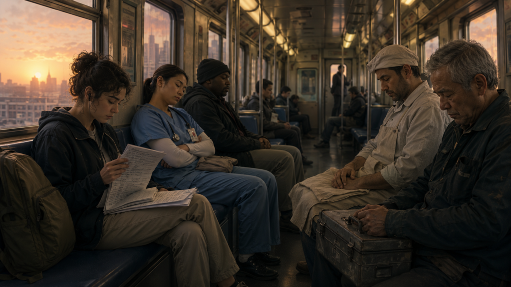 diverse passengers beginning their day on the first train