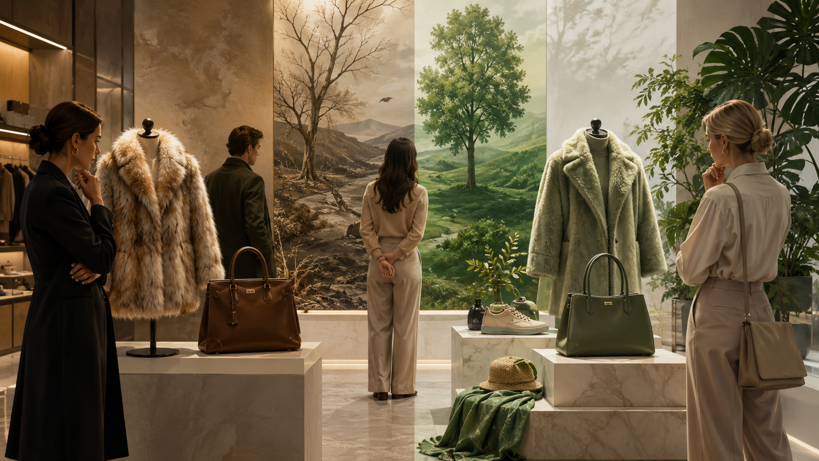 traditional animal-based fashion and modern ethical fashion displayed side by side