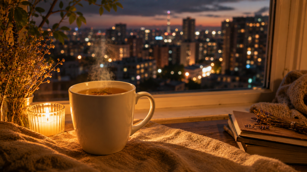 white mug with herbal tea beside evening city lights
