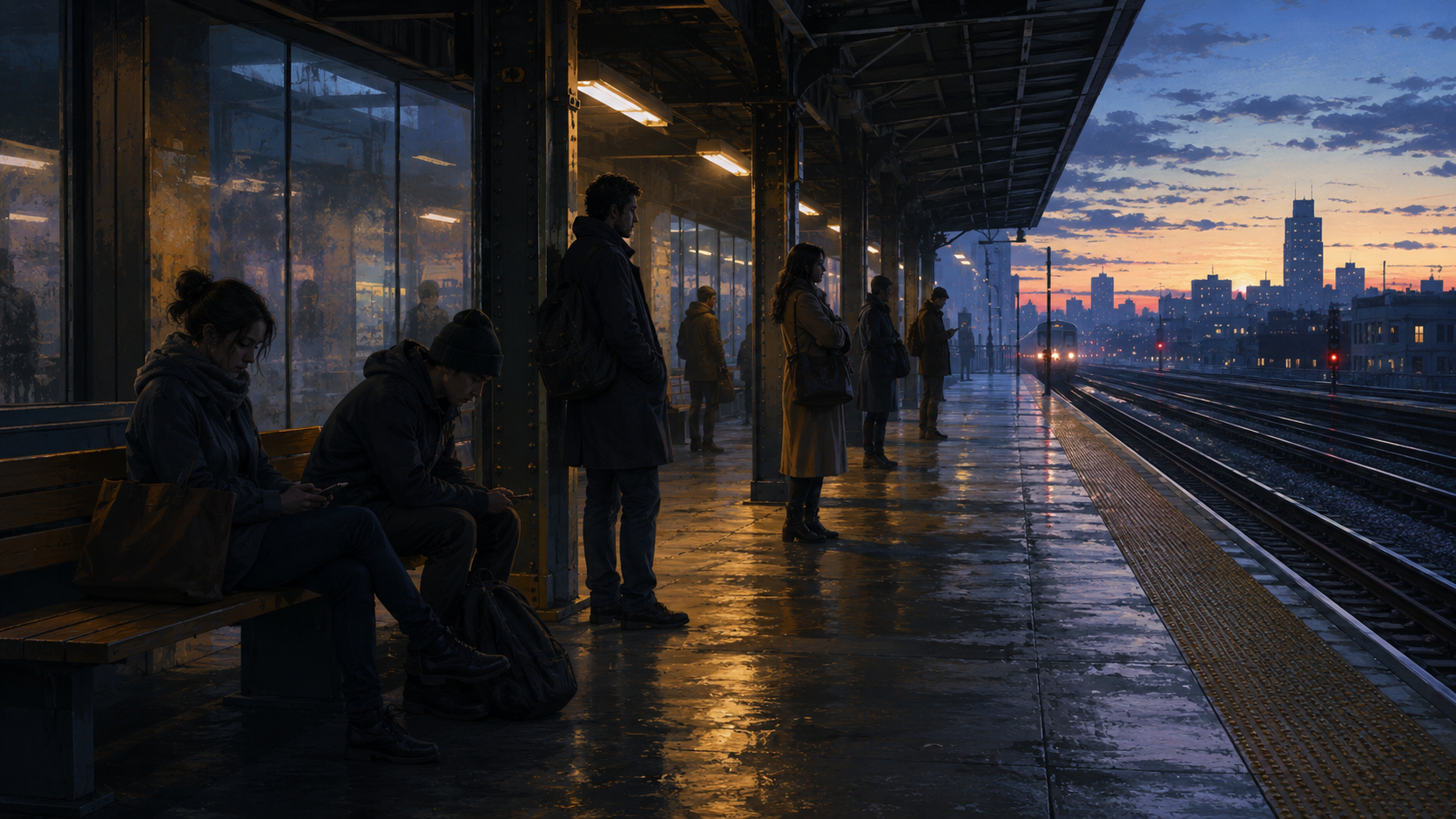 people waiting for the first morning train before sunrise