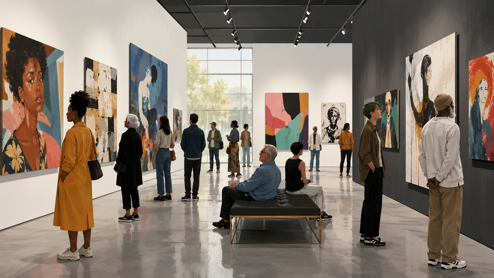 diverse visitors viewing inclusive contemporary artworks in a modern gallery
