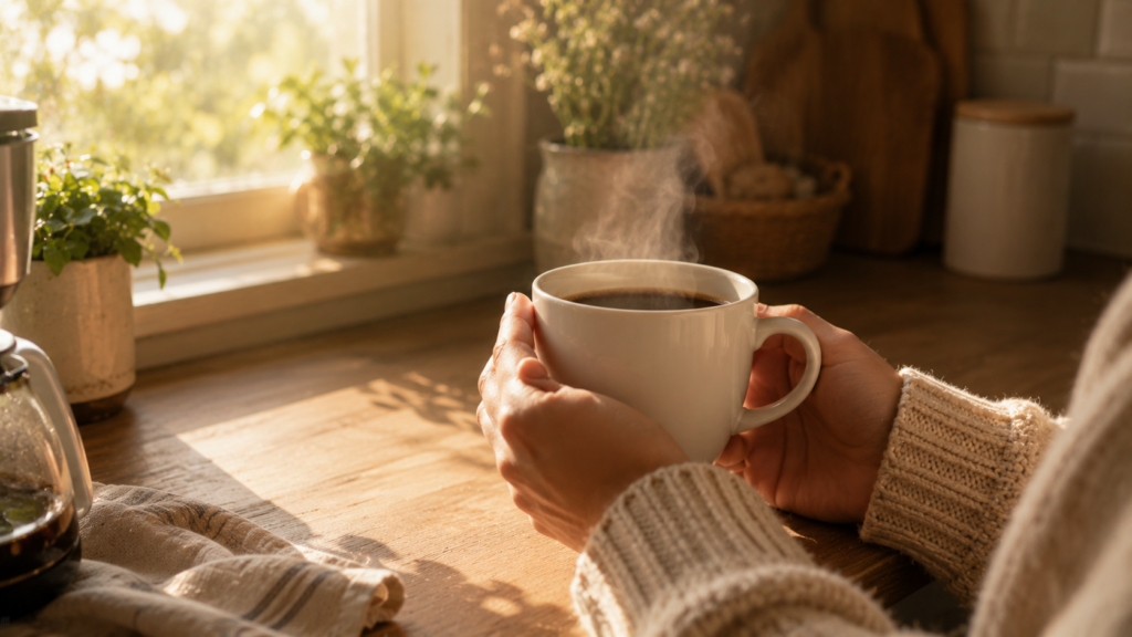 hands holding a white mug during a morning routine