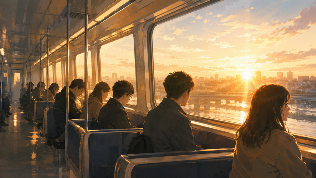 sunrise light entering a subway train with quiet passengers
