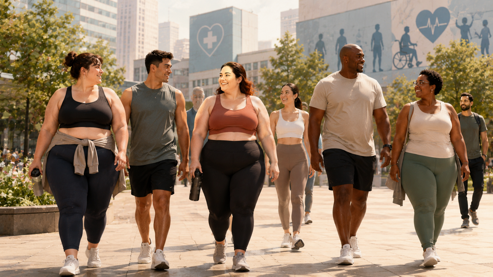 people with diverse body types in a modern city reflecting the debate over health and body diversity