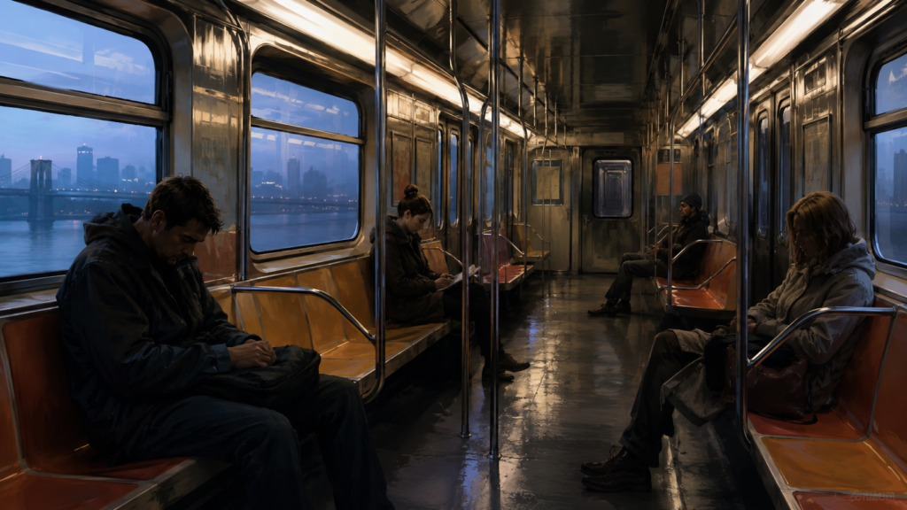 quiet passengers inside an early morning subway car