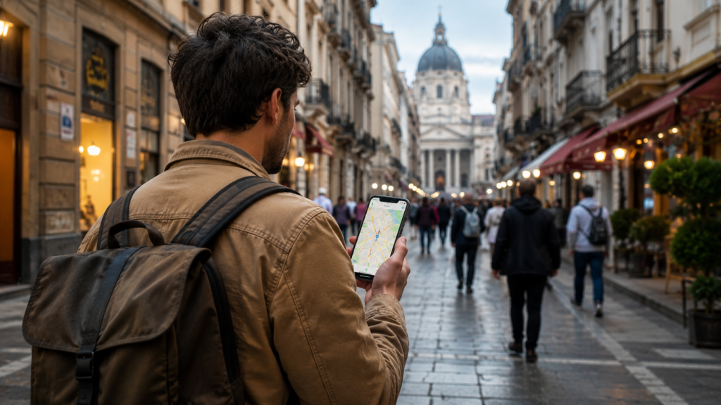 traveler using digital map abroad