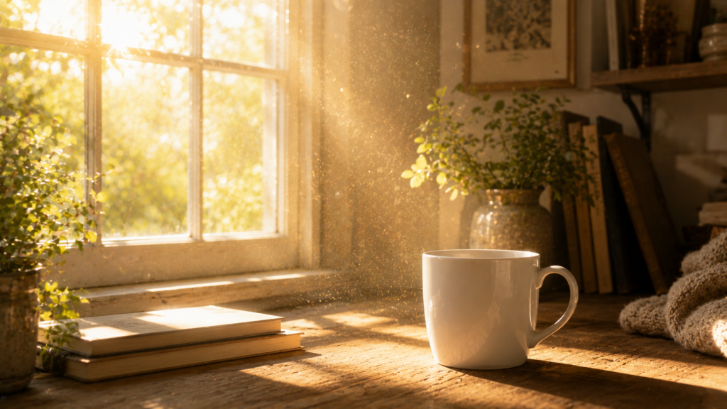 sunlight illuminating a white mug on a windowsill