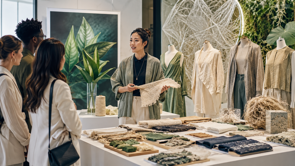 designer showcasing sustainable vegan fashion materials