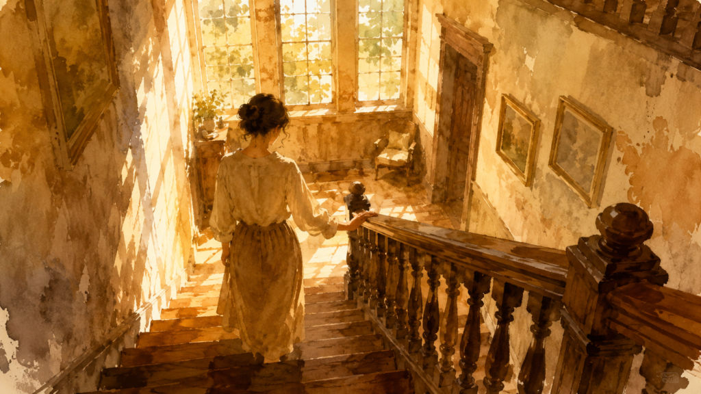 person descending an old staircase in warm afternoon light