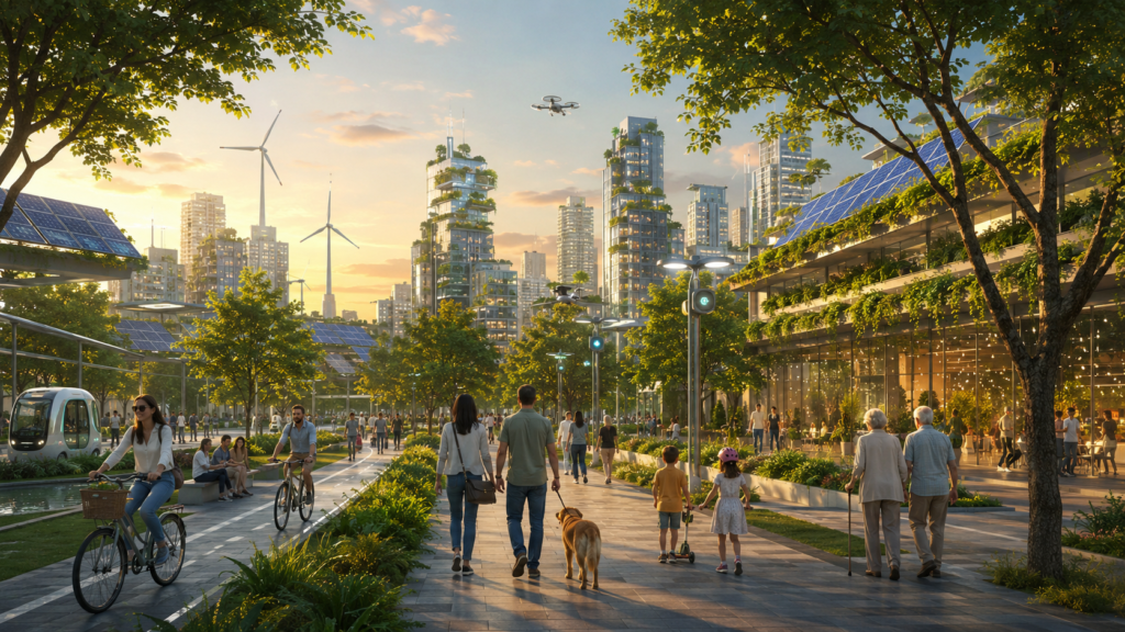 people enjoying a sustainable smart city where technology and nature coexist