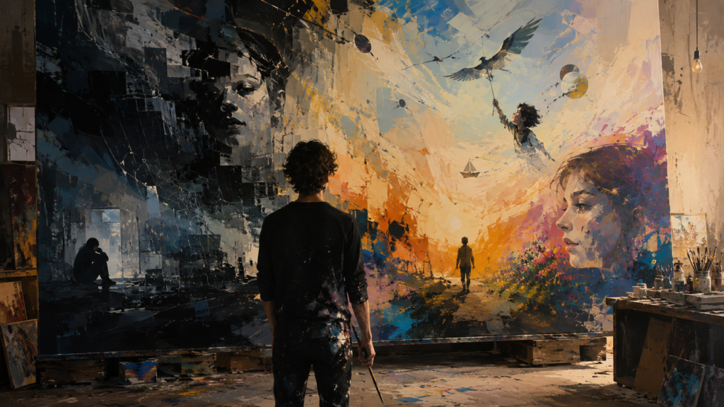 artist expressing complex human emotions through modern painting