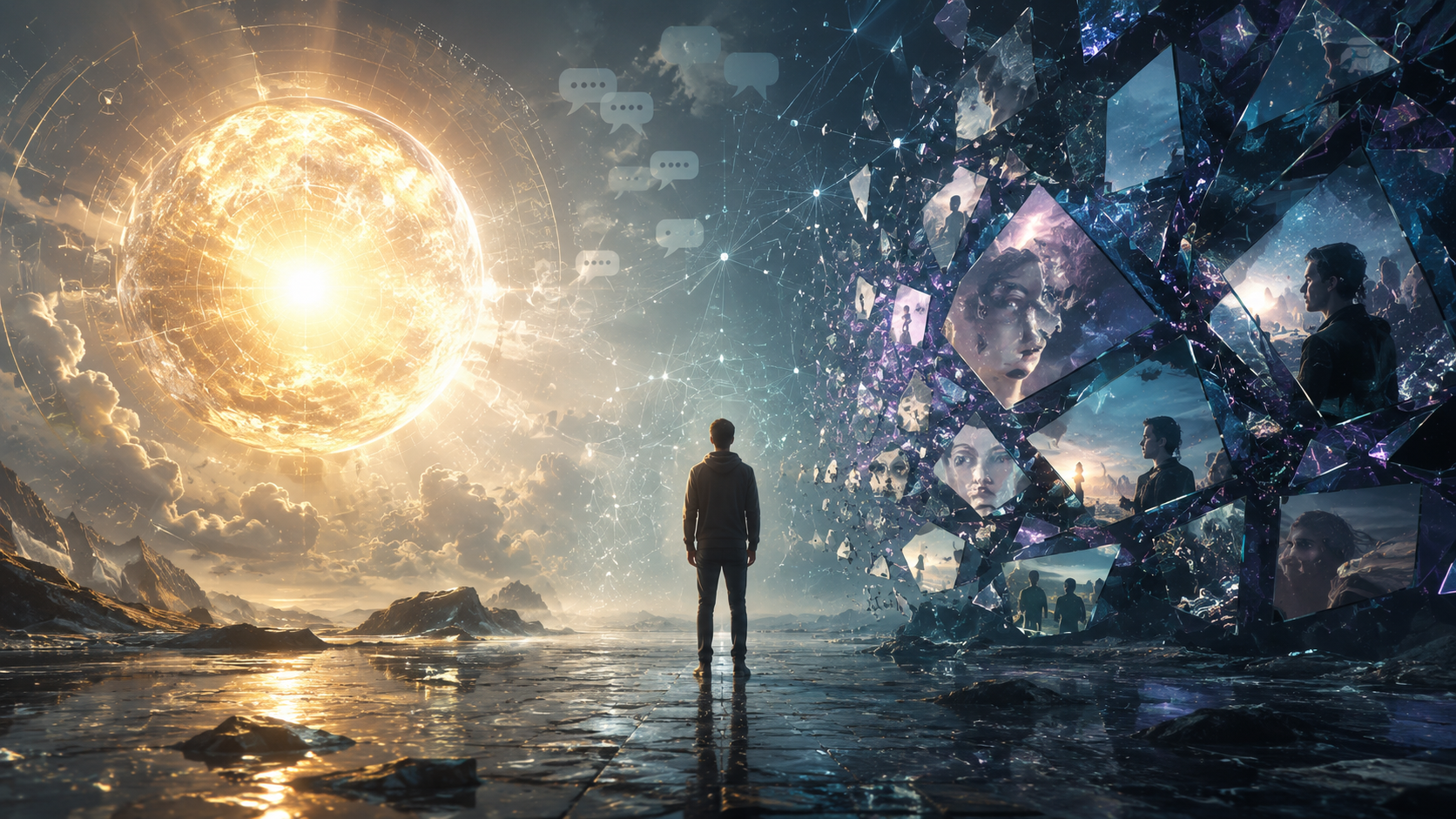 person standing between objective truth and fragmented digital perspectives
