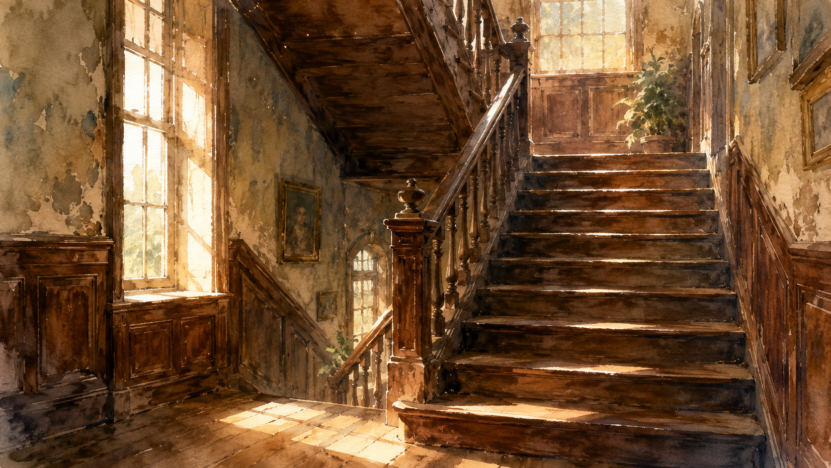 old wooden staircase inside a historic building filled with morning light