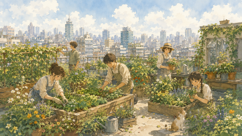 people caring for plants in a rooftop garden above the city