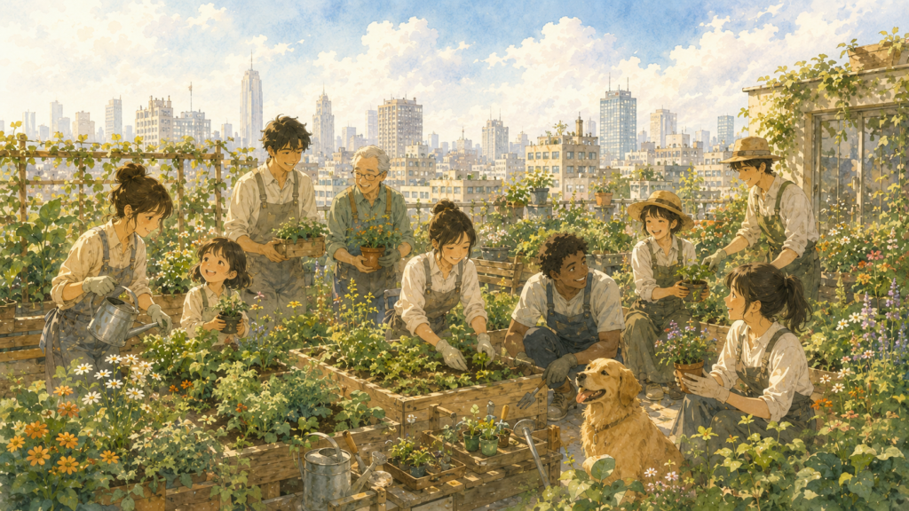 people building friendships while gardening together
