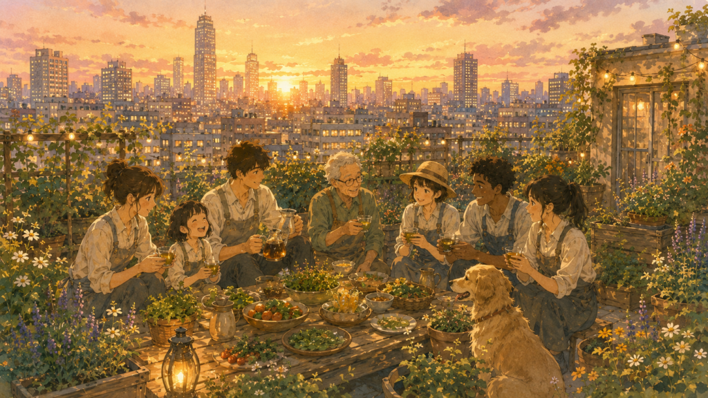 friends sharing tea and vegetables in a rooftop garden at sunset