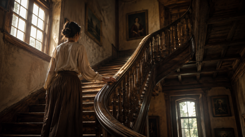 person climbing an old wooden staircase