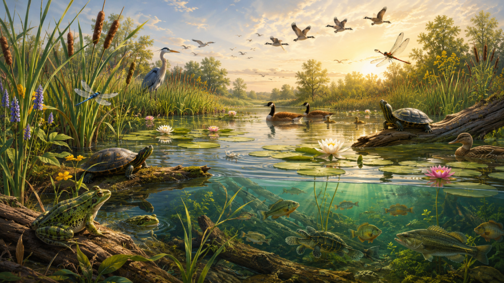 diverse wildlife living in a healthy wetland ecosystem