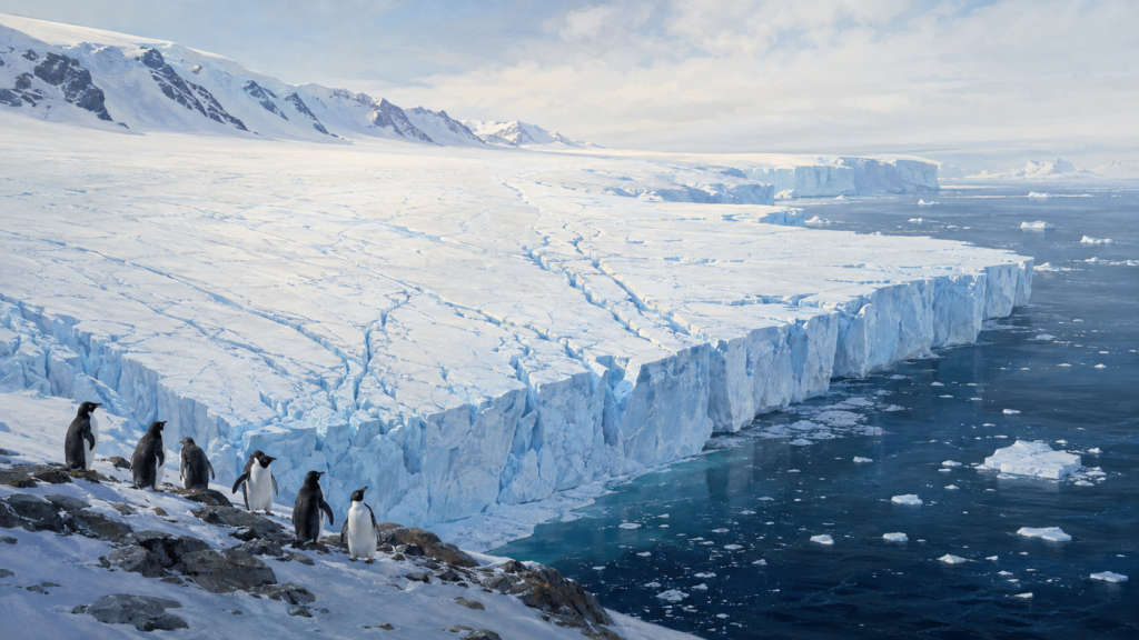 Antarctic land ice and ice shelf meeting the Southern Ocean