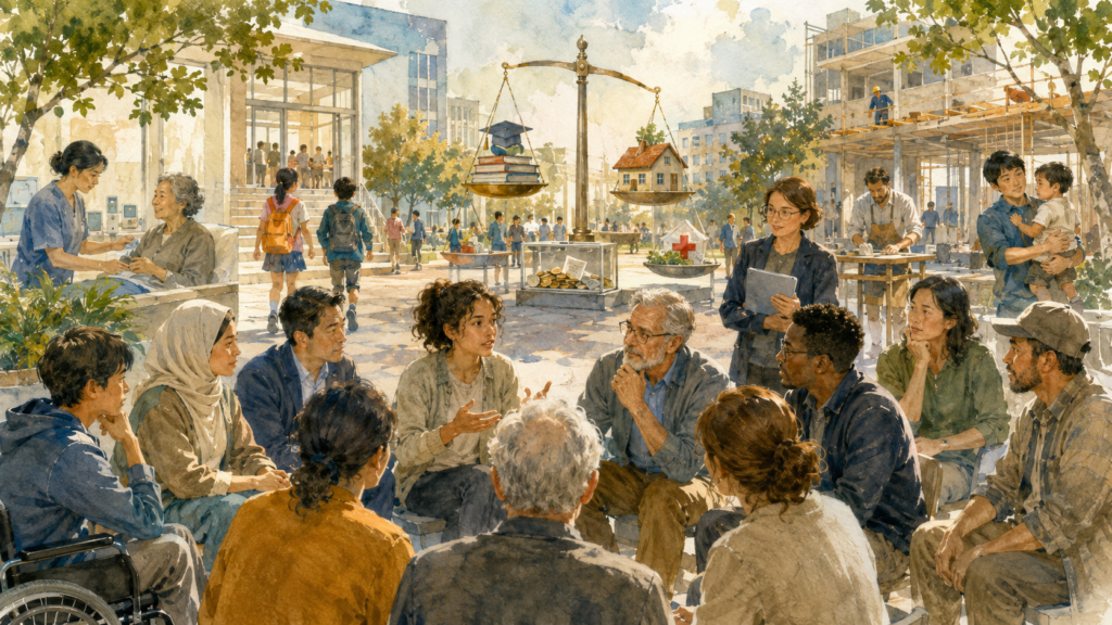 citizens discussing fairness, social responsibility and economic inequality