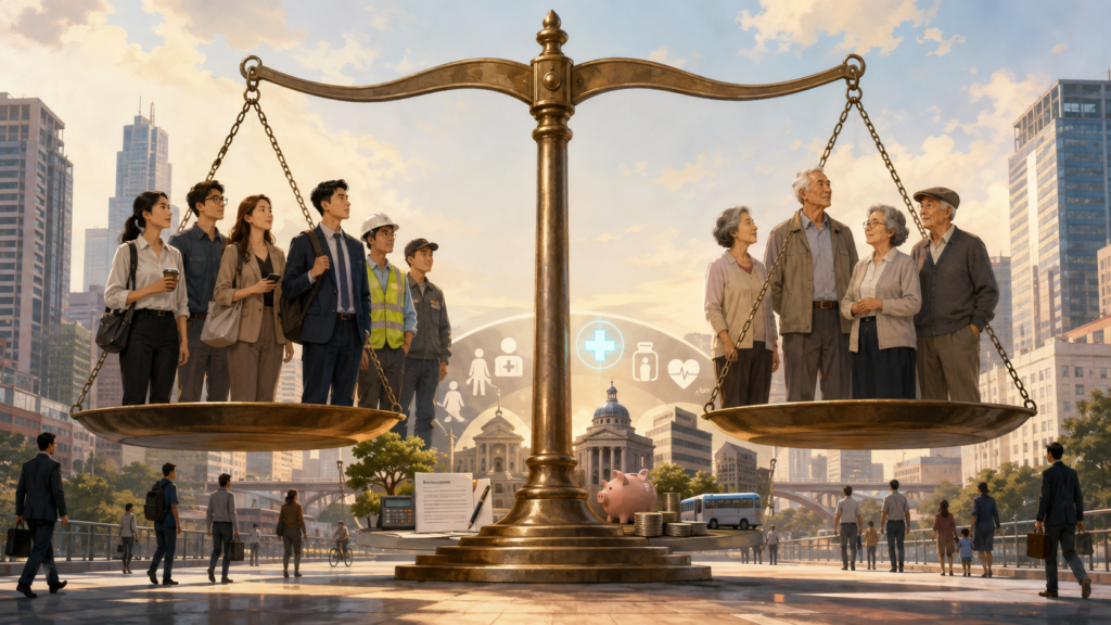 younger and older generations balancing pensions healthcare and public resources