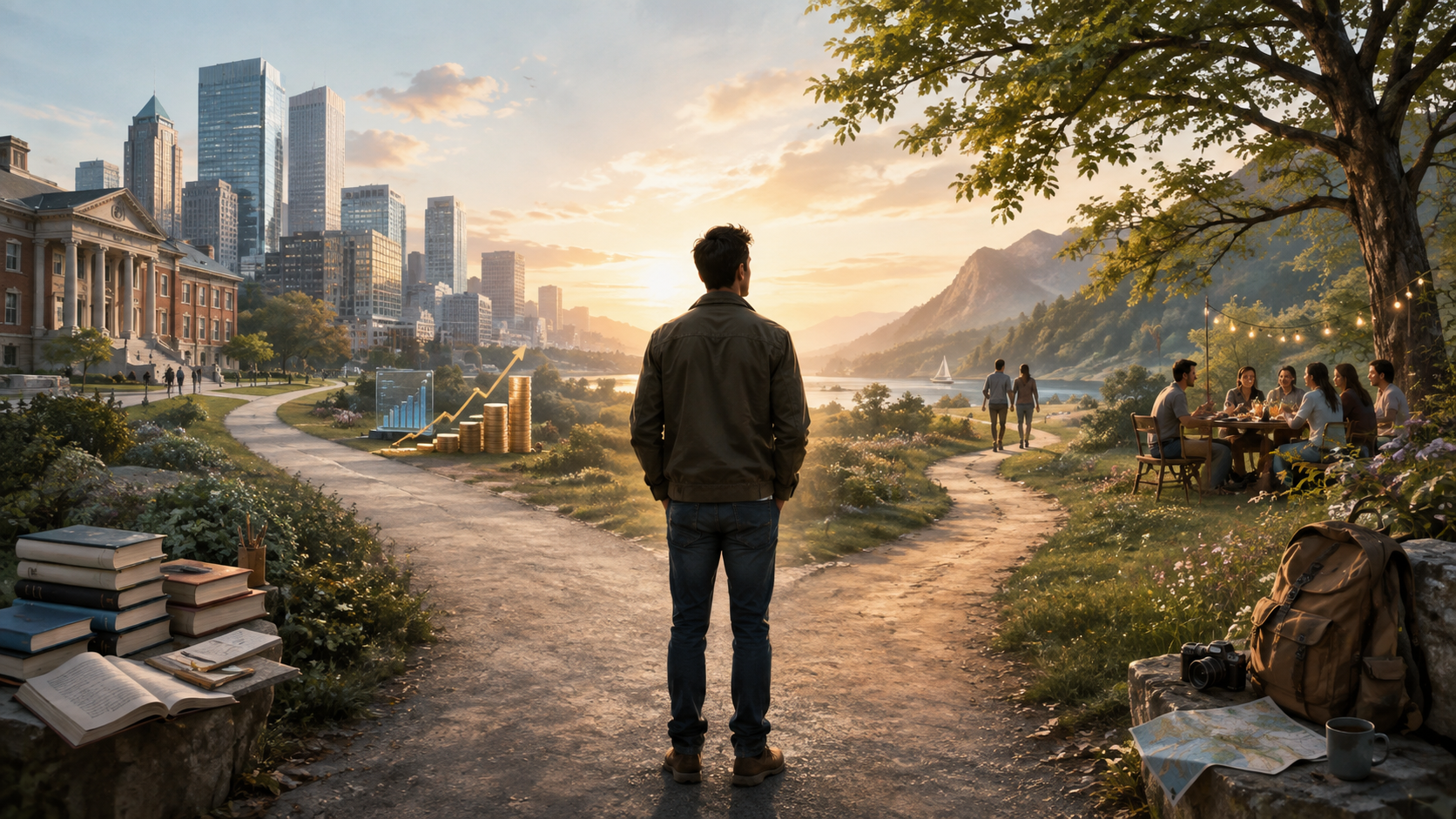 person choosing between future goals and happiness in the present