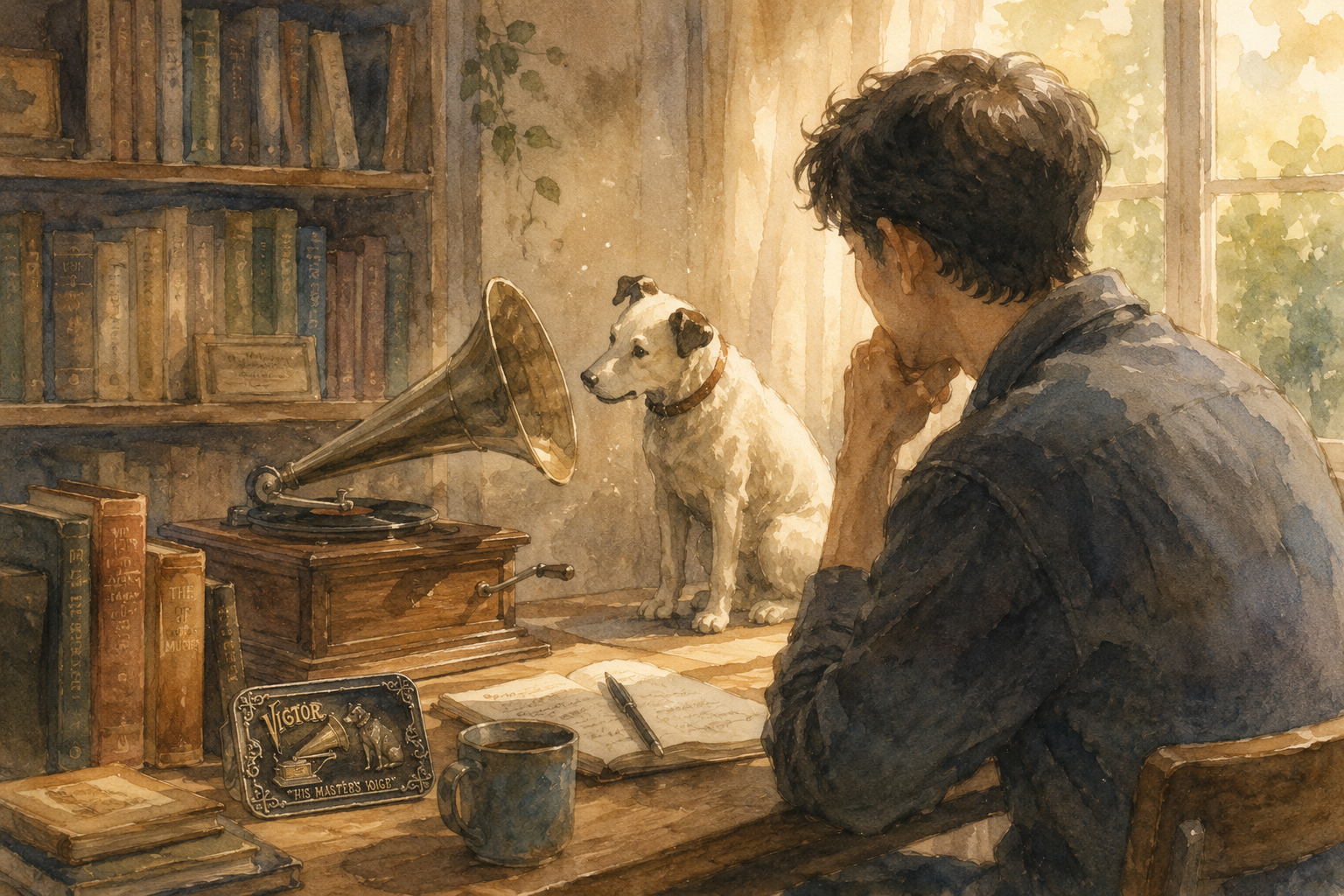 a quiet moment with Nipper listening beside a vintage gramophone