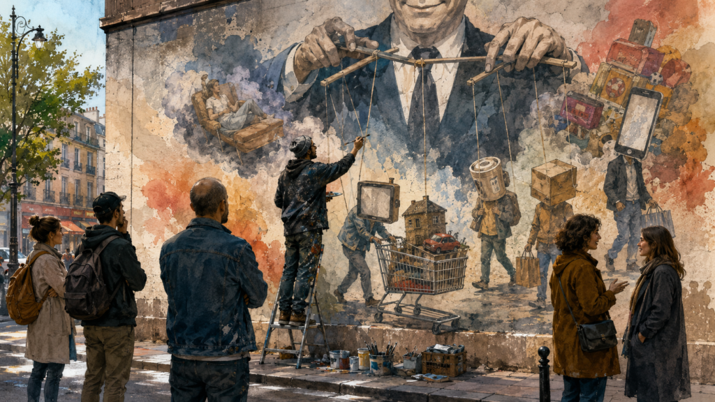 street artist using parody to question society and consumer culture