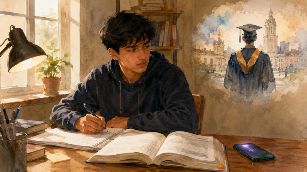 student choosing between smartphone temptation and a long-term study goal