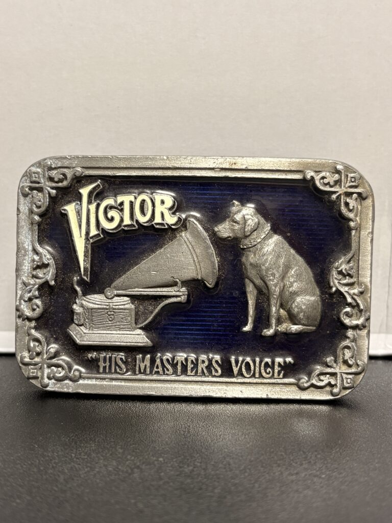 vintage Victor belt buckle featuring Nipper listening to a gramophone