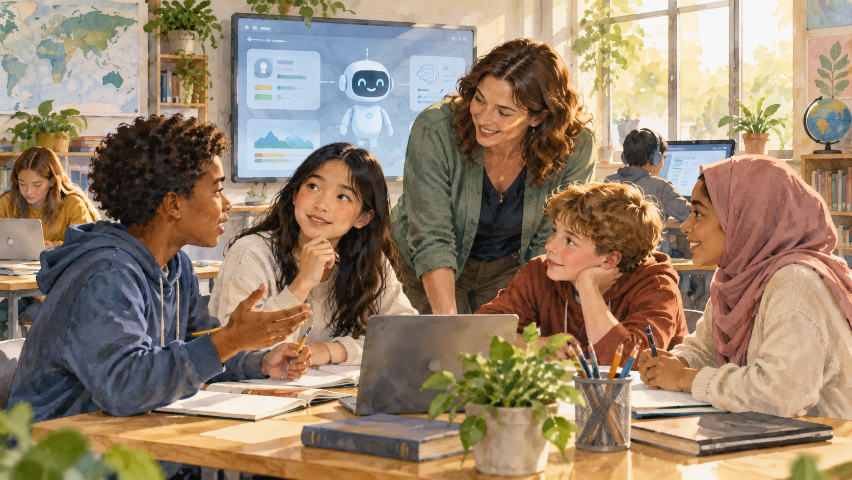 human teacher and AI working together to support learning and classroom interaction
