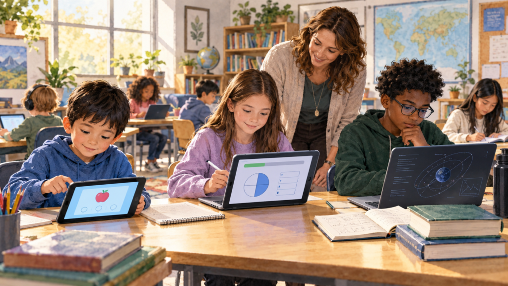 students using AI for personalized learning while a human teacher provides support