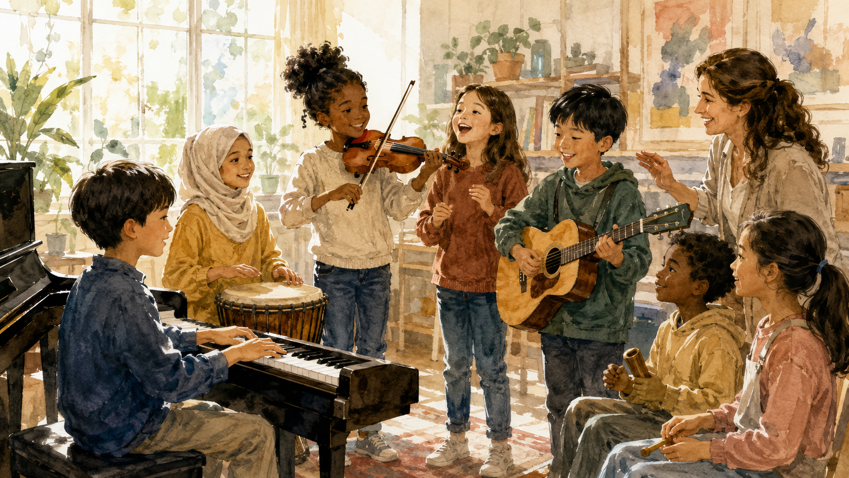 children learning music together through singing and playing instruments