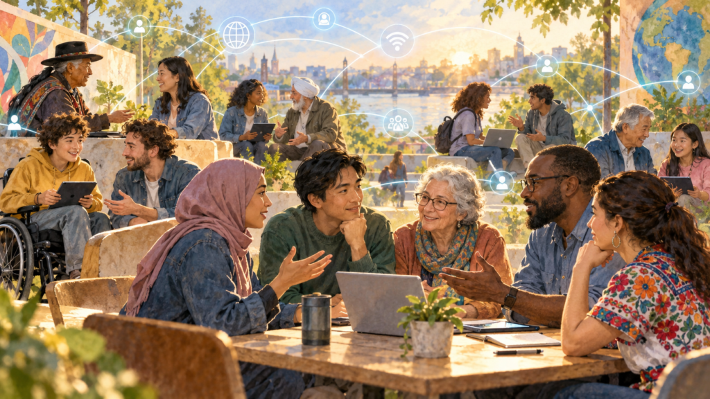 diverse citizens balancing individual freedom and community responsibility in digital society