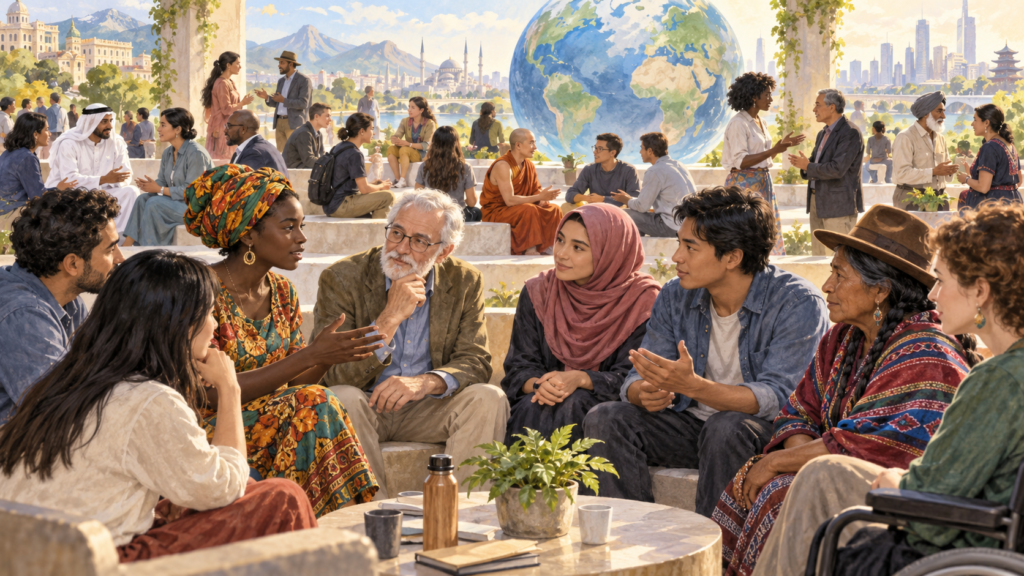 diverse citizens participating in global democracy while preserving cultural identities